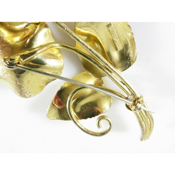 Unsigned Large Sterling Silver Gold Vermeil Pink Stone Floral Brooch - Picture 10 of 11